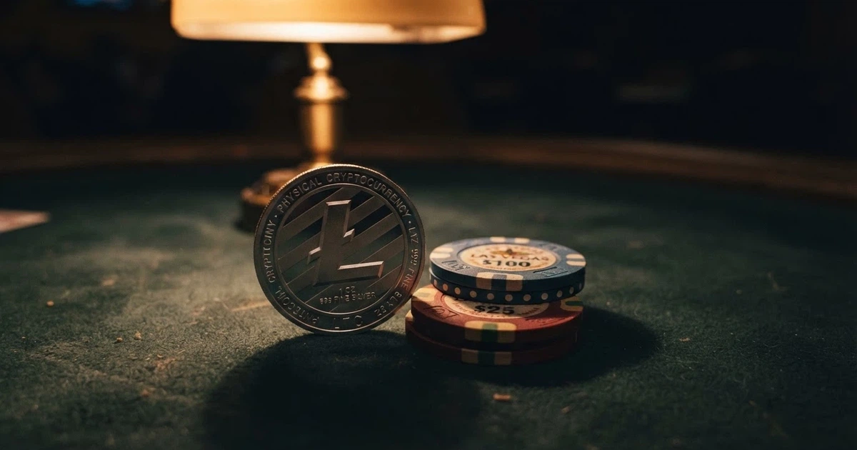 A Litecoin coin beside casino chips on a dark table, with the glow of a poker-table lamp casting shadows — no screen, no interface, just the physical symbols of crypto and gambling side by side