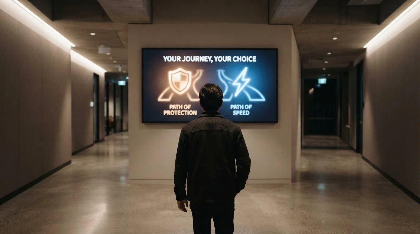 Two paths diverging at a payment-method selection screen — one leading to a protected, slower route with Australian consumer safeguards, the other to a fast, method-rich route with a caution symbol.