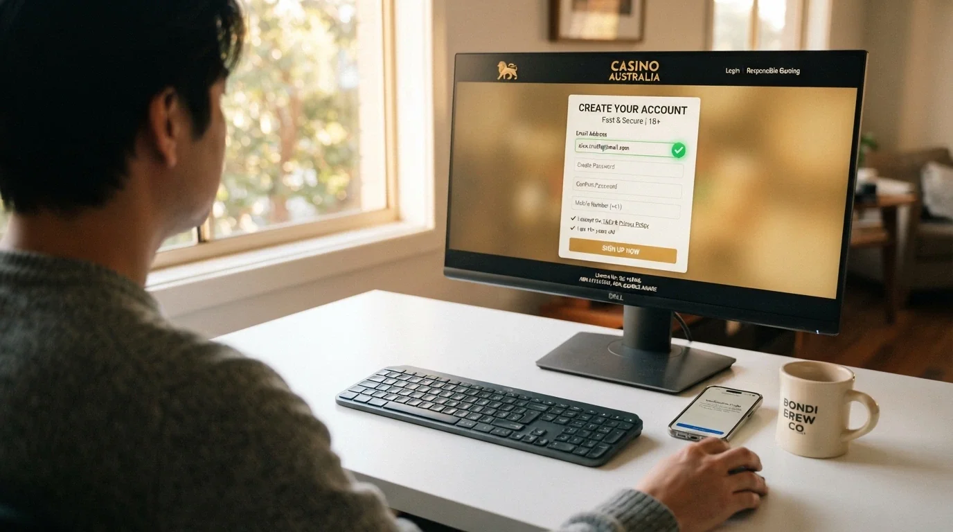 A desktop browser showing a casino registration form with an email-verification badge highlighted, an Australian mobile phone alongside