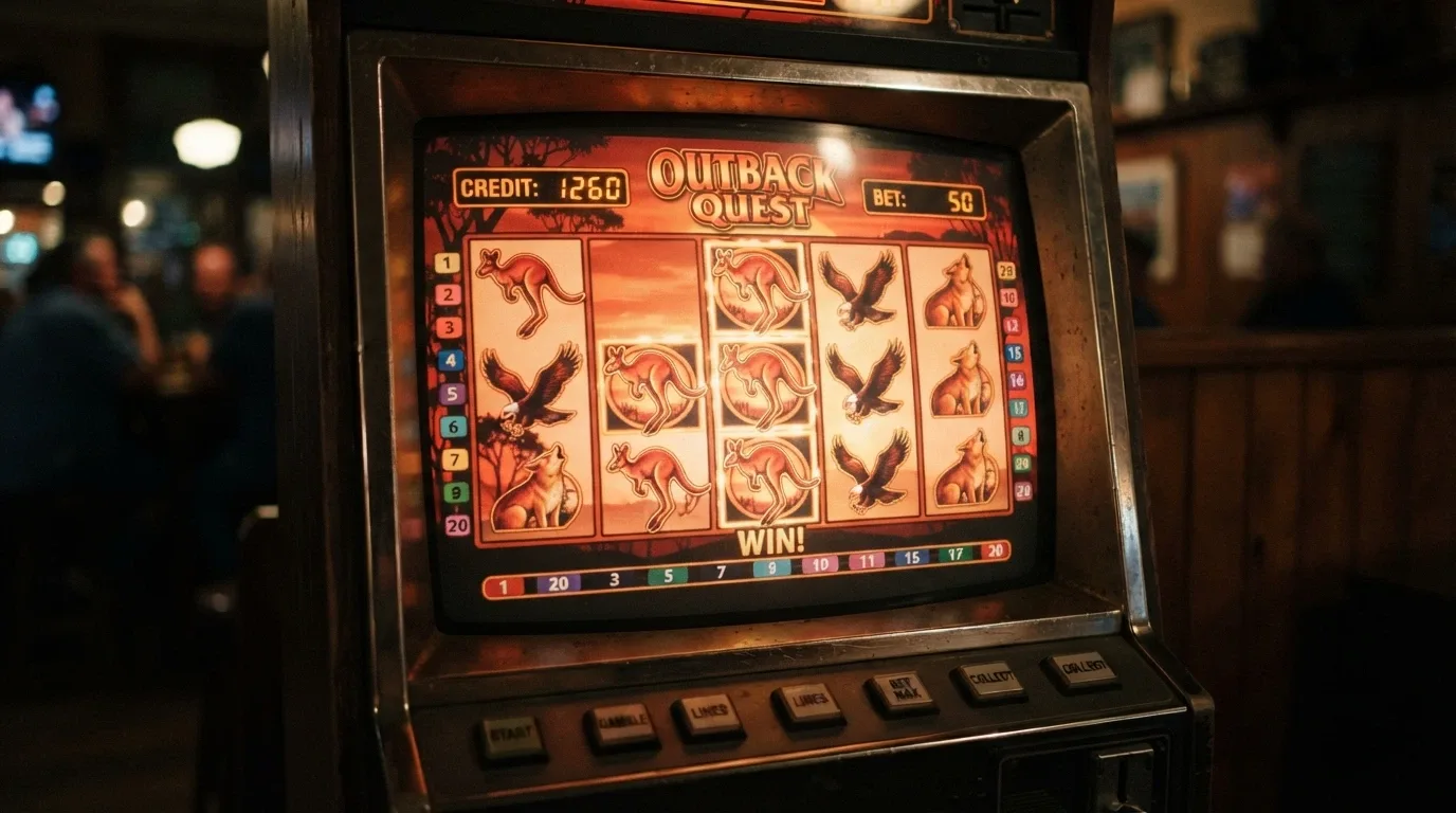 A close-up of a Big Red-style pokie screen showing kangaroo symbols across five reels with an outback sunset colour palette