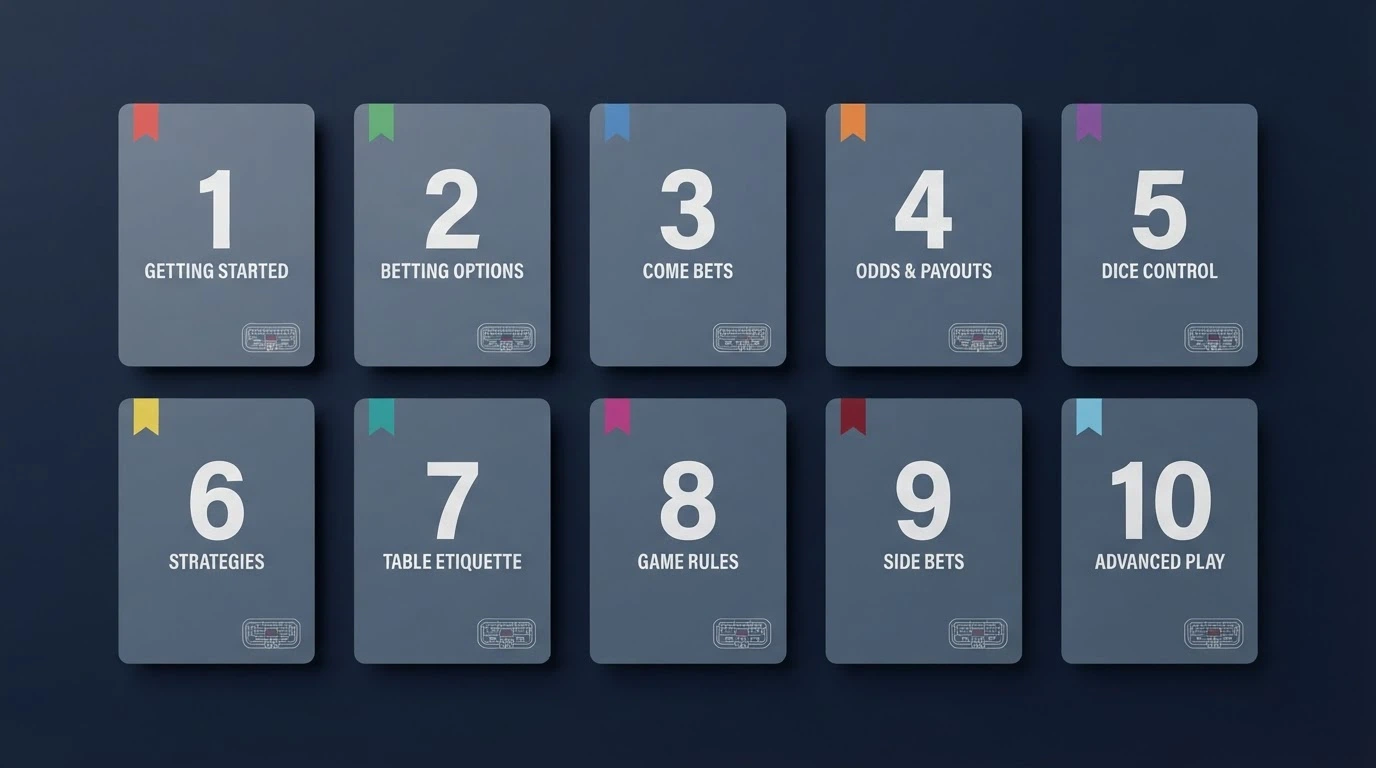 A side-by-side grid of ten casino brand cards, each showing its licence flag, bonus headline, and a mini craps-table icon