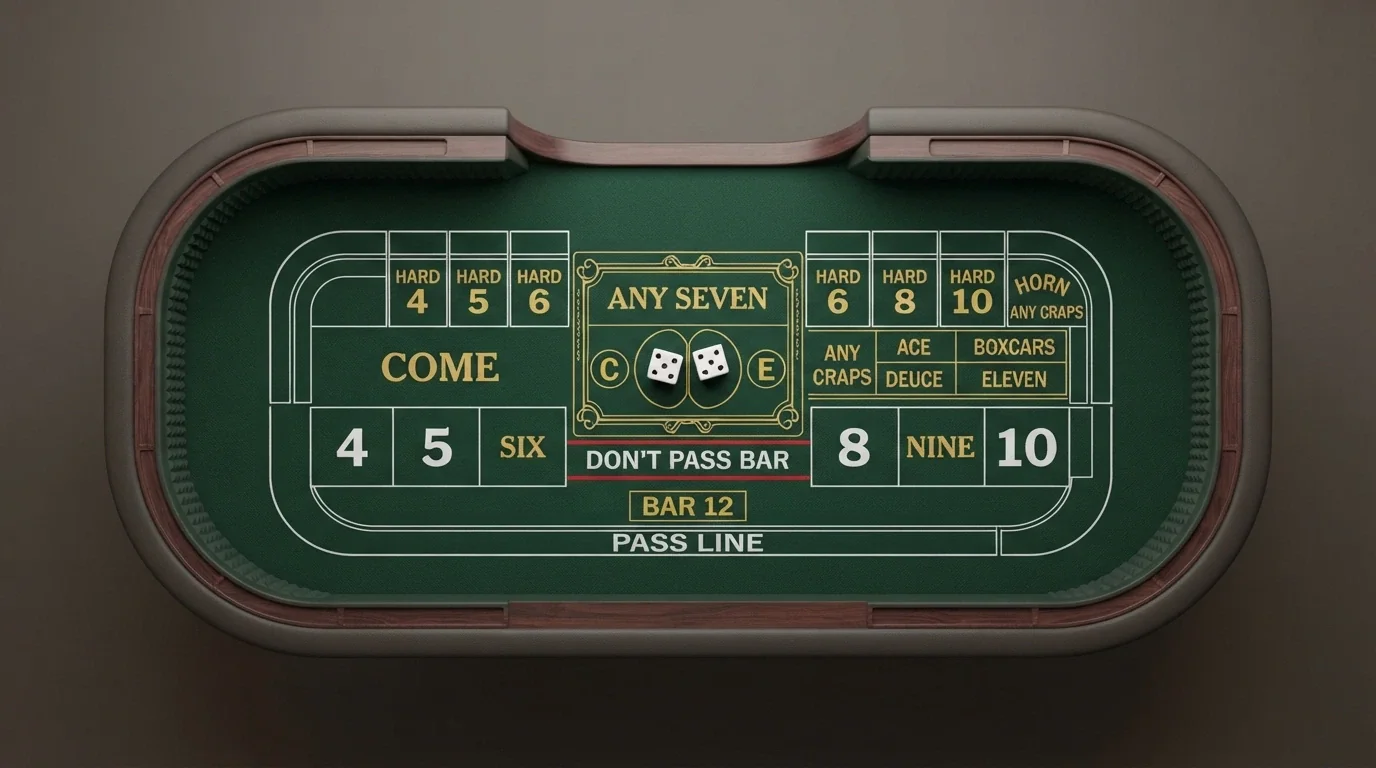 An annotated overhead view of a craps table felt with the Pass Line, Don't Pass bar, Come box, Place numbers and centre proposition bets highlighted and labelled