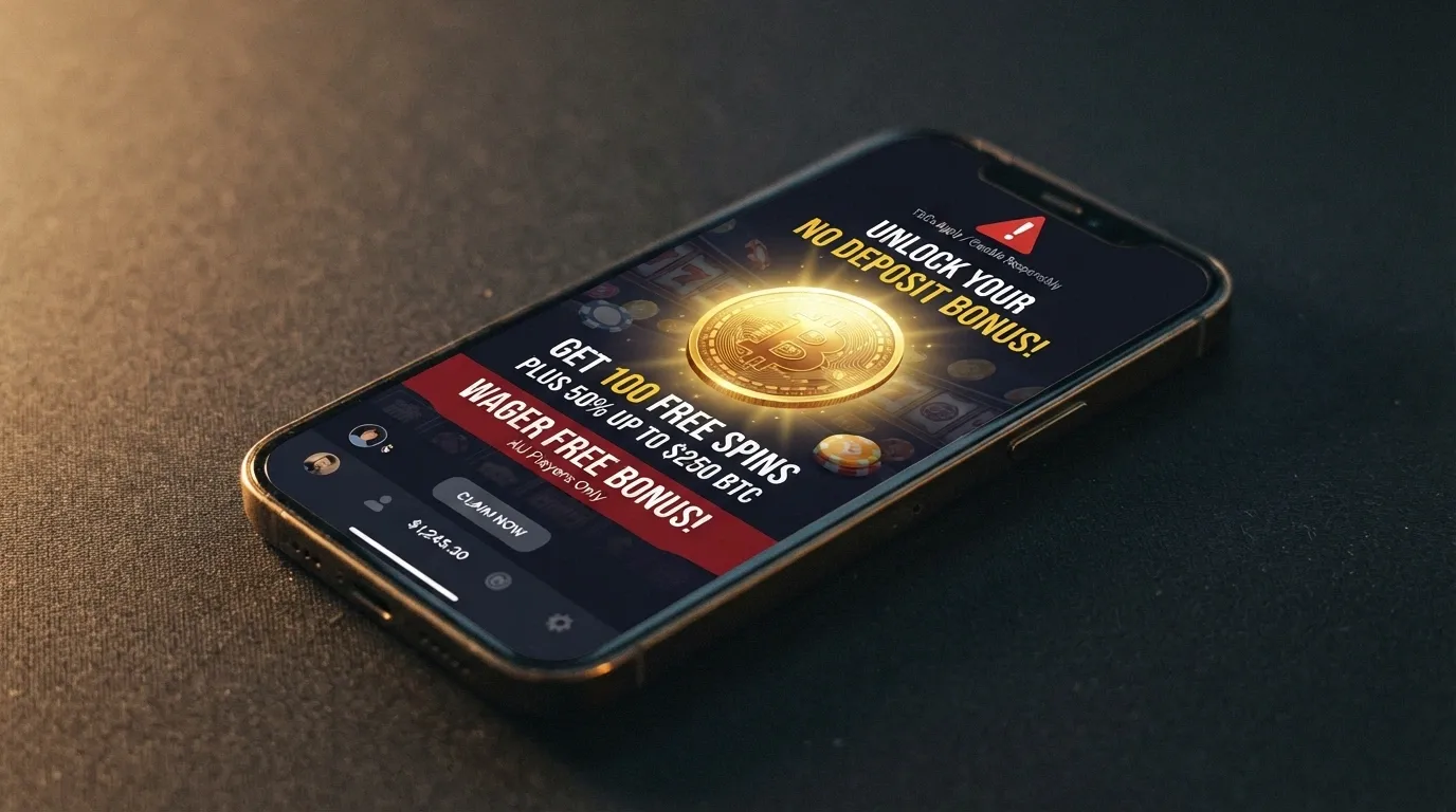 A smartphone showing a crypto casino bonus banner with a Bitcoin symbol, overlaid with a warning icon and text referencing the Australian payment-method prohibition