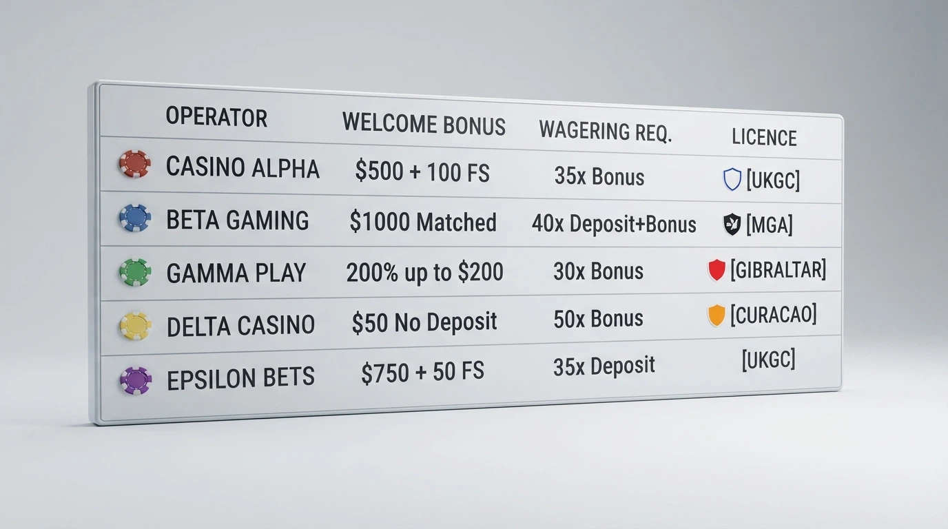 A side-by-side comparison grid showing operator names, welcome-bonus figures, wagering multipliers and licence-jurisdiction flags across multiple rows
