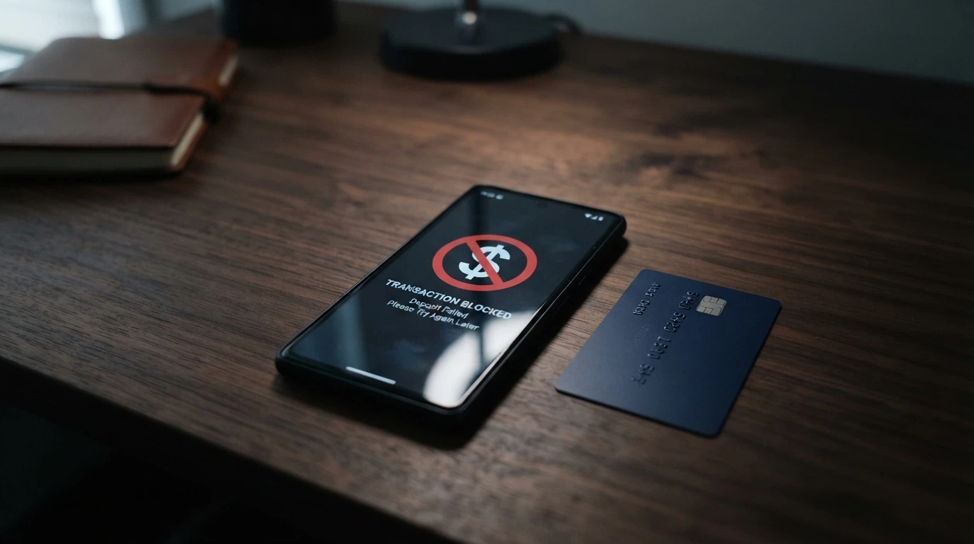 A smartphone showing a crypto deposit screen for an online casino crossed out with a red prohibition symbol, an Australian bank card beside it