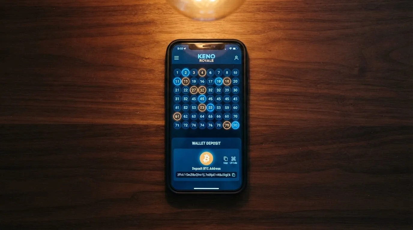 A stylised Bitcoin symbol overlaid on a keno game interface, with a deposit-screen fragment showing a cryptocurrency wallet address