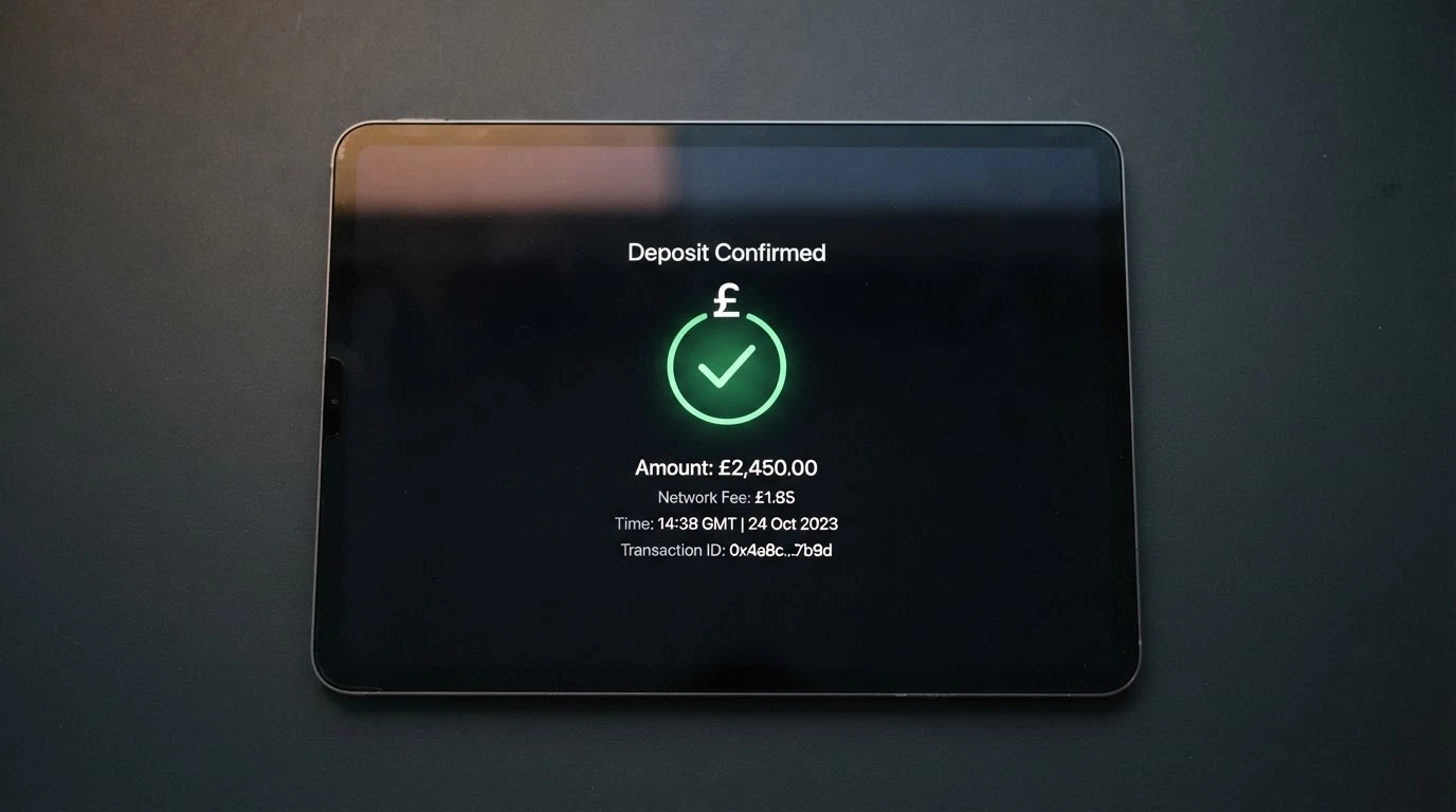 An iPad showing a USDT TRC-20 deposit confirmation screen, with the transaction details (amount, network fee, confirmation time) visible