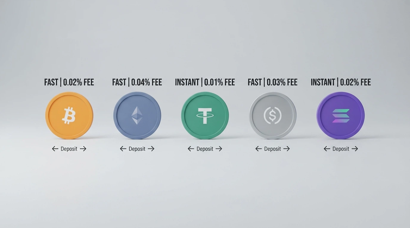 Five cryptocurrency coins — BTC, ETH, USDT, LTC and SOL — lined up with arrows showing deposit and withdrawal speed under each