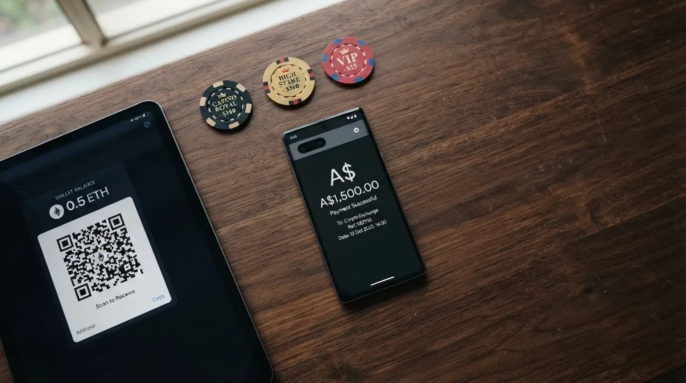 A smartphone displaying a PayID transfer confirmation on one side and cryptocurrency wallet QR codes on the other, with casino chips between them
