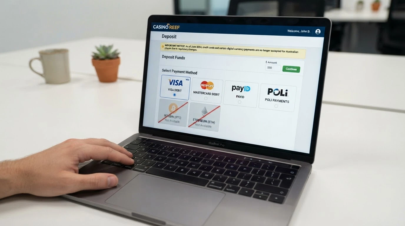 A casino deposit screen with cryptocurrency options crossed out or greyed out beside a notice referencing the June 2024 Australian ban