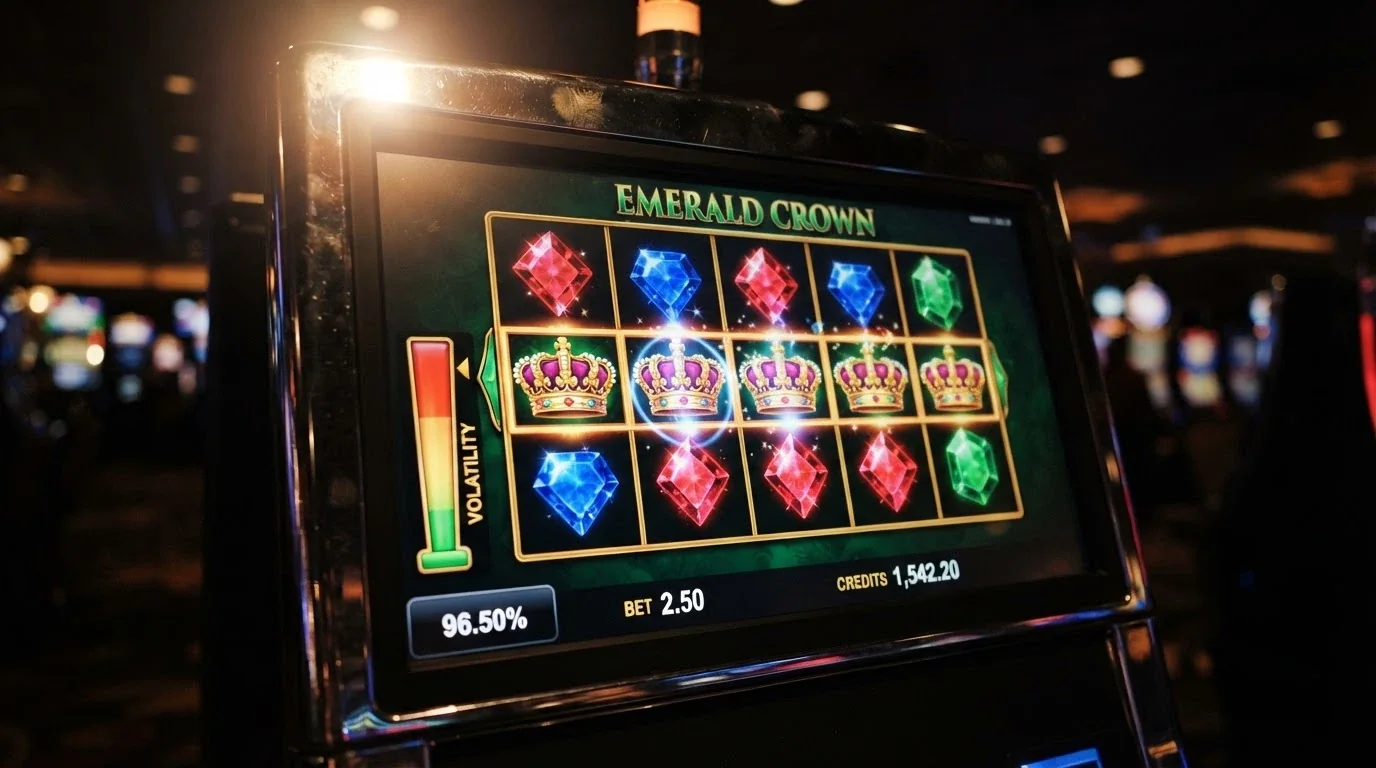 A slot-machine screen showing a colourful Pragmatic Play title with the RTP figure 96.50% highlighted and a volatility meter next to it