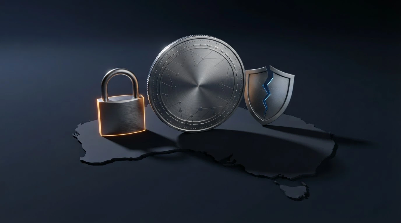 A Bitcoin symbol casting a long shadow over an Australian continent outline, with a locked padlock on one side and a broken shield on the other