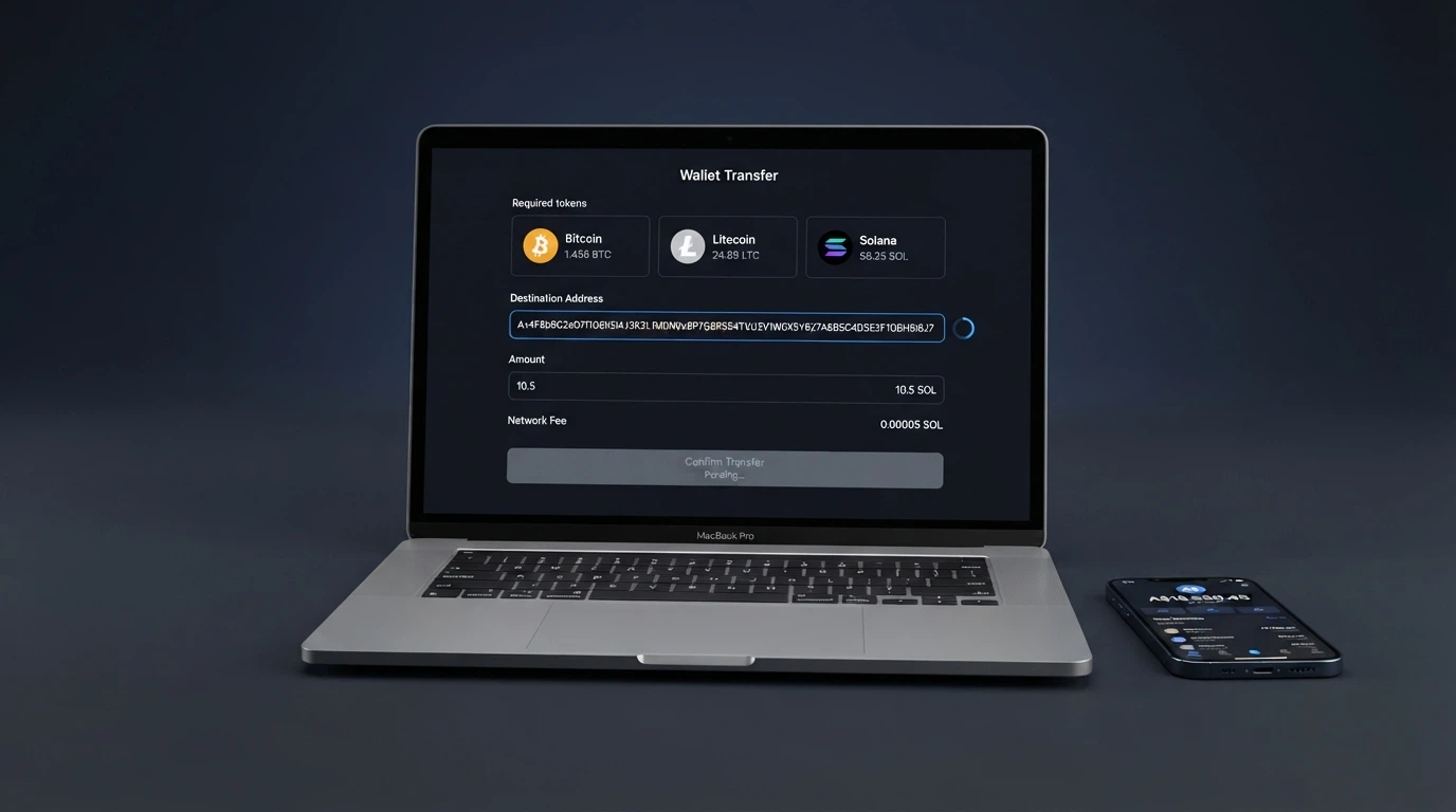 A laptop screen showing a crypto wallet-to-wallet transfer interface with Bitcoin, Litecoin and Solana options, a destination address field, and a pending-transaction indicator