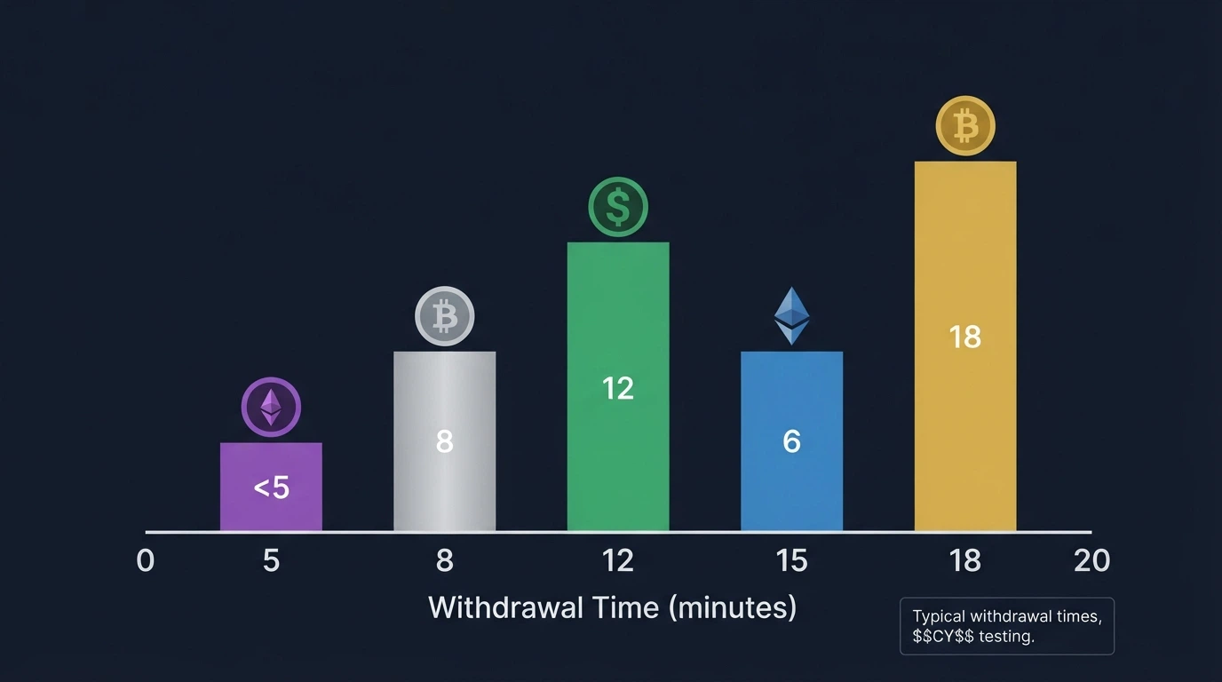 A bar chart comparing five cryptocurrency logos — Solana, Litecoin, Bitcoin, Ethereum and USDT — by withdrawal time in minutes, with Solana's bar shortest at under 5 minutes