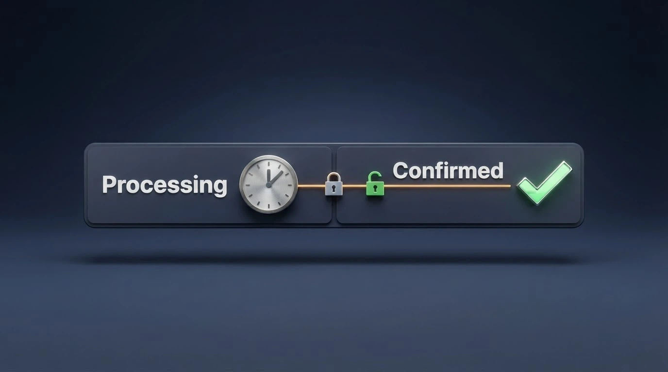 A timeline graphic split into two segments labelled casino processing and blockchain confirmation, with a clock icon and a pending-to-confirmed progression