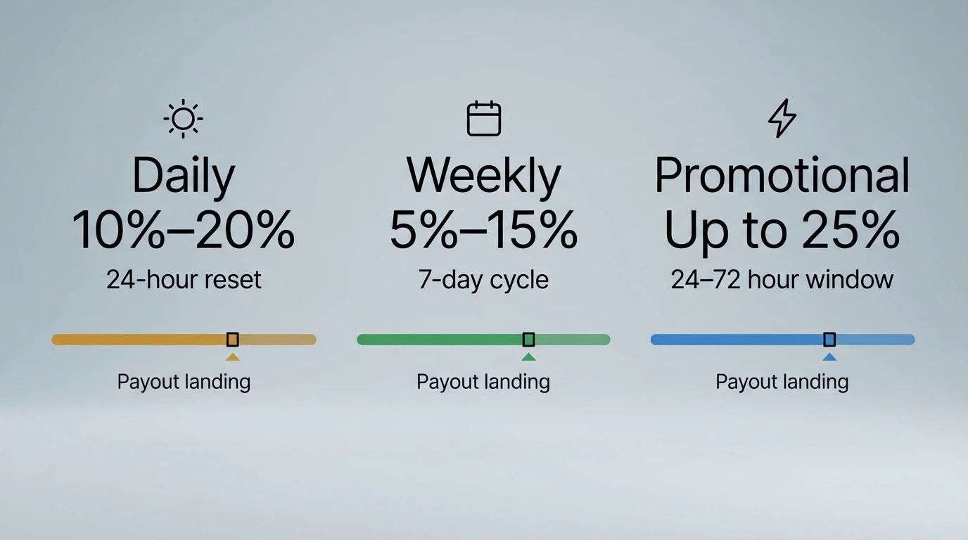 A calendar-style visual comparing daily, weekly and one-off cashback payout schedules with annotated percentage ranges and validity windows