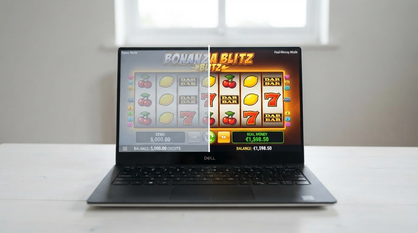 A split screen showing the same pokies game in demo mode with play-money credits on one side and a real-money balance on the other