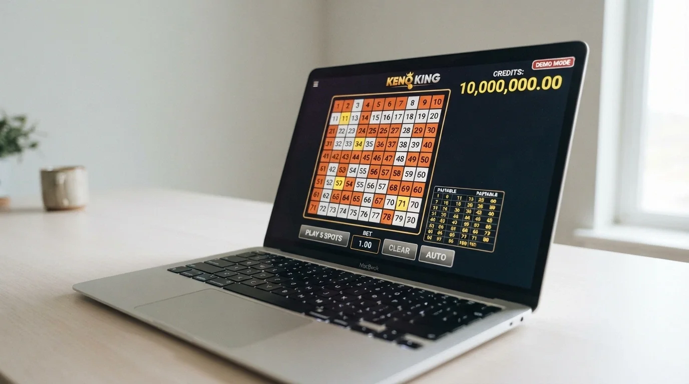 A keno demo-mode screen with a clearly marked virtual-credit balance and a free-play badge, the same game interface as the real-money version