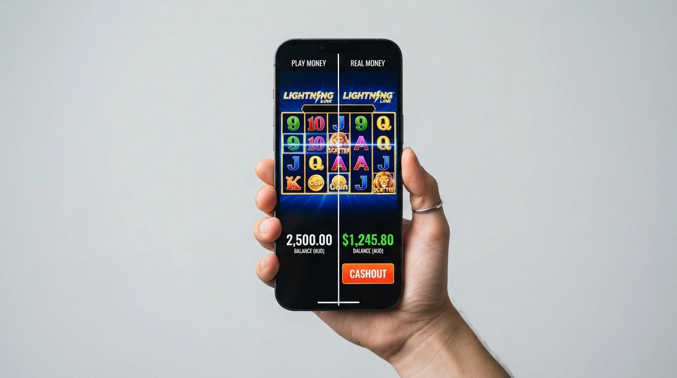 A split screen showing a demo-mode pokie with a play-money balance on one side and a real-money no-deposit spin screen with a cashout button on the other