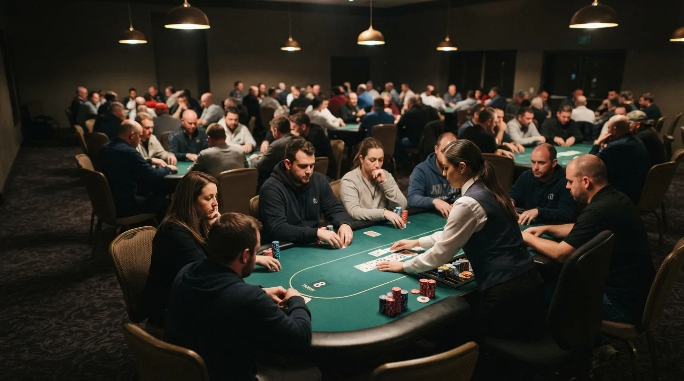 The District Poker room at SkyCity Adelaide showing poker tables, players seated and tournament-style setup