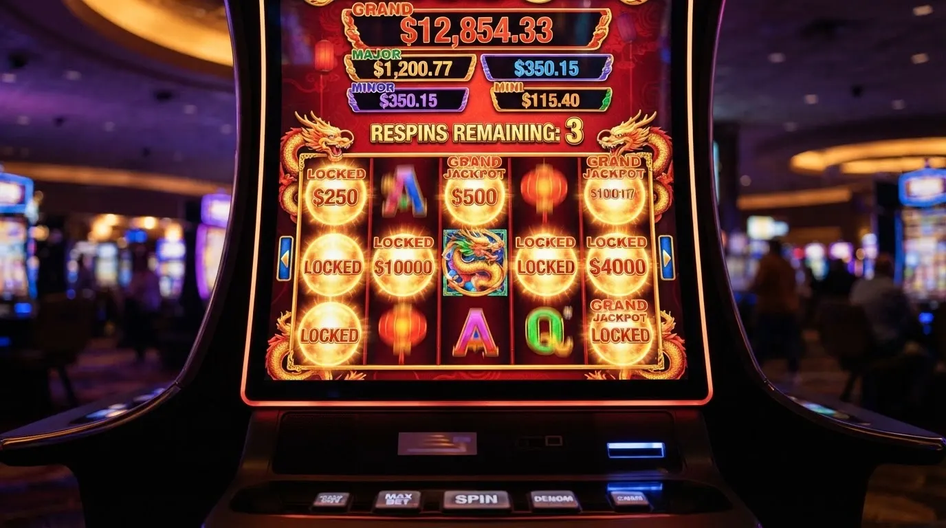 The Dragon Link slot interface showing its 5×3 grid and the Hold & Spin bonus feature with orbs on screen
