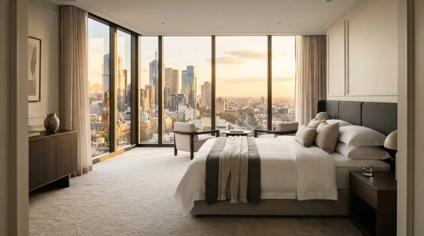 Eos by SkyCity hotel room interior with floor-to-ceiling windows and Adelaide city views