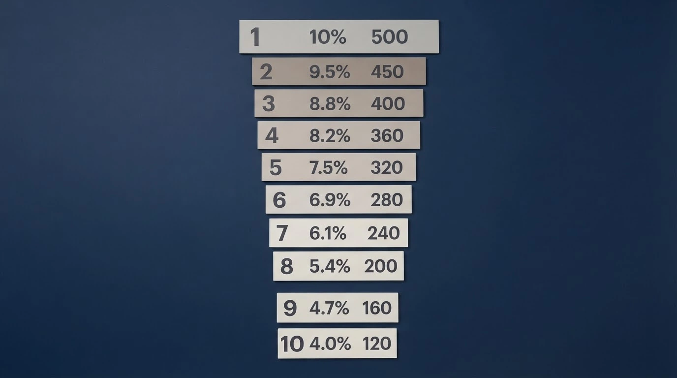 A ranked grid of ten casino-brand cards laid out in numbered order, each card showing a bonus value and a game-count figure