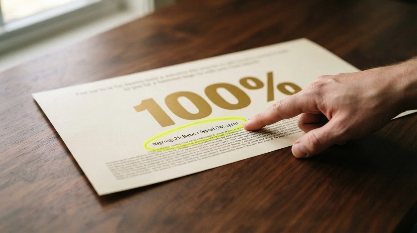 A close-up of a welcome-bonus banner with the headline match percentage large and the wagering-multiple fine print circled in highlight below it