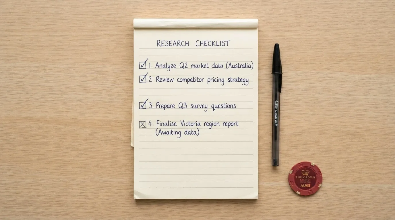 A notepad-style checklist with items for licence check, bonus-terms verification, game-provider audit and player-feedback review, with most items marked against offshore-only operators
