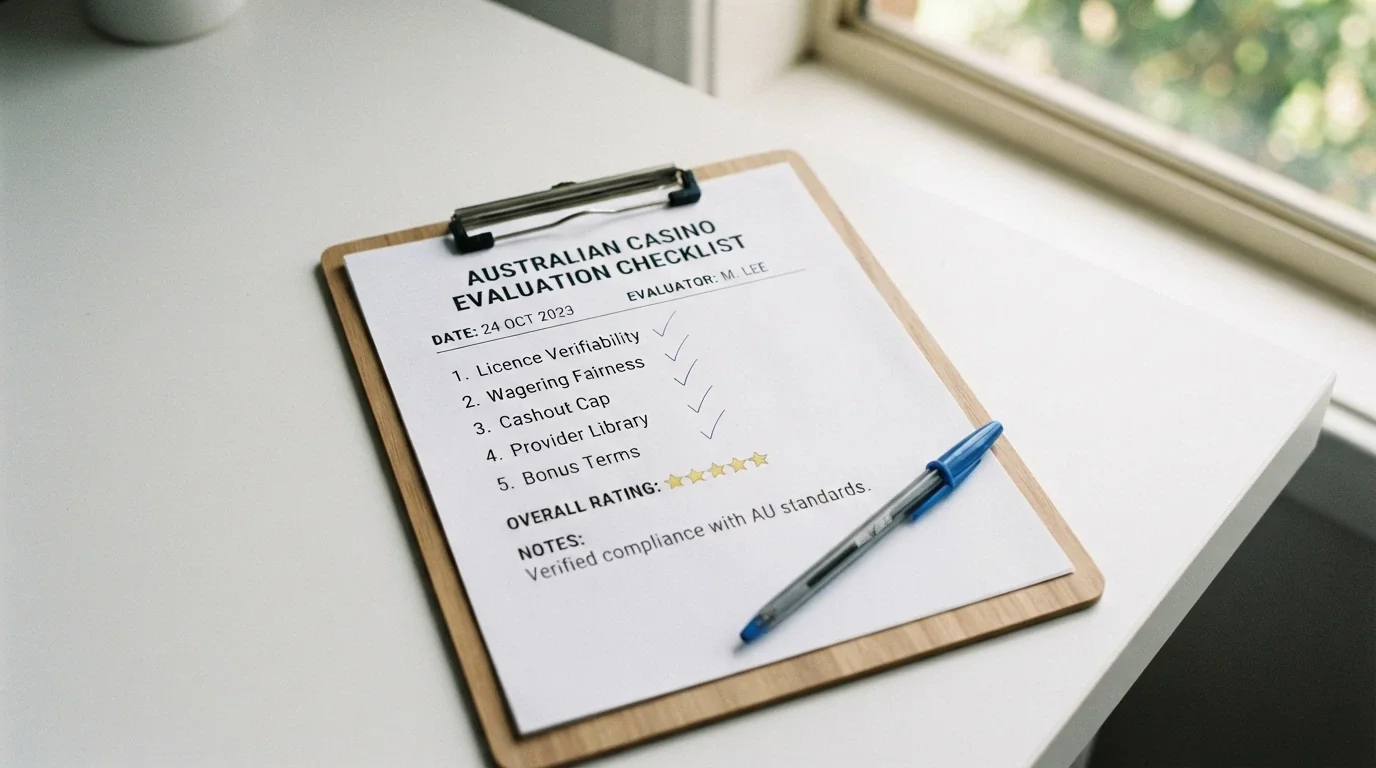 A notepad or clipboard with a checklist of evaluation criteria — licence verifiability, wagering fairness, cashout cap, provider library — with tick marks beside each