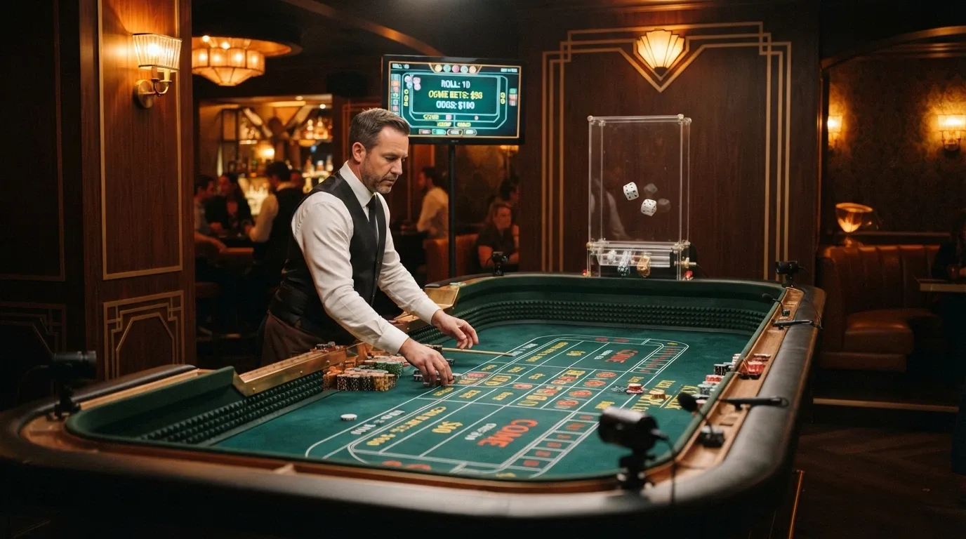 The Evolution Craps Live studio set — a 1920s speakeasy-themed table with the mechanical dice launcher mid-launch and the betting interface overlaid