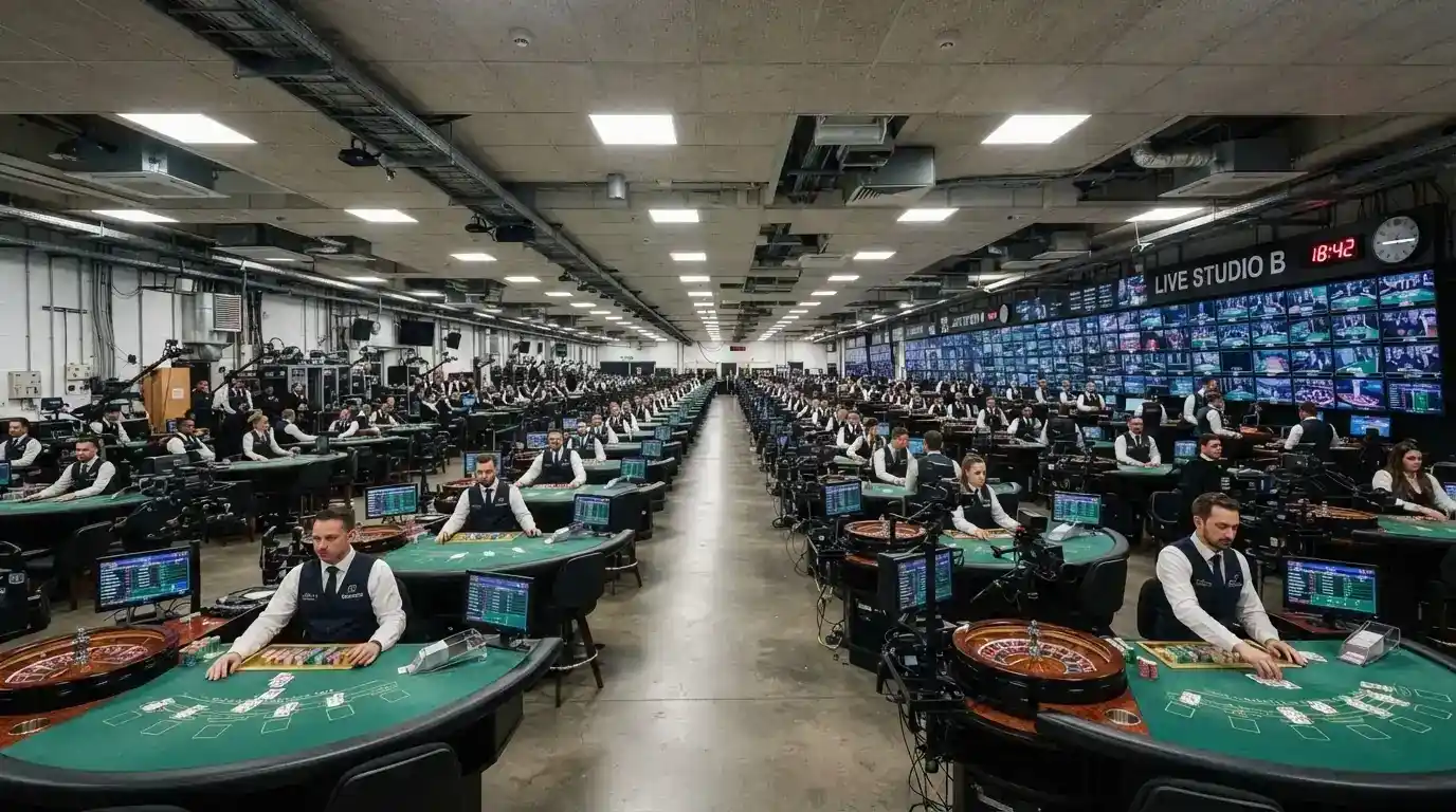 An Evolution Gaming live dealer studio with rows of tables, dealers and multi-camera broadcast rigs