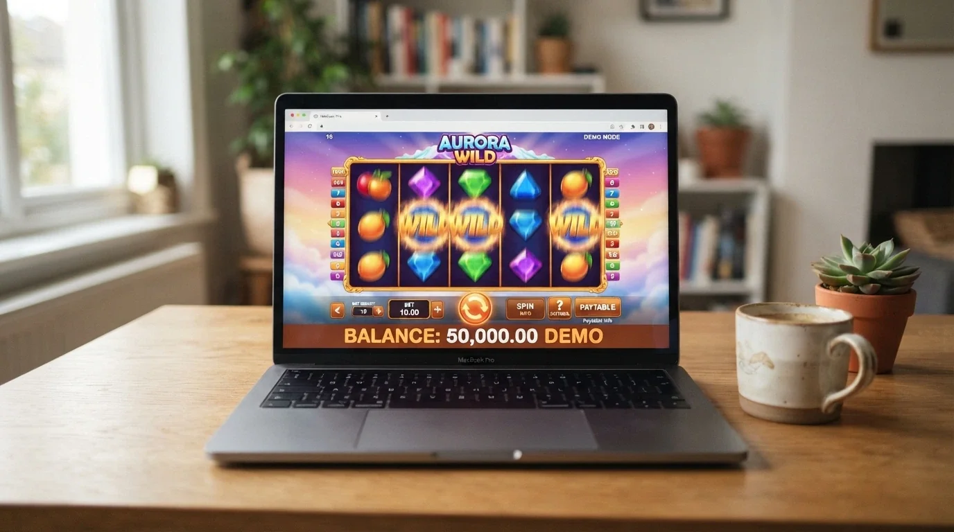 A browser window showing an Aristocrat pokie in demo mode with a play-money balance displayed
