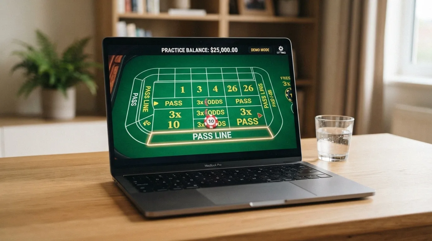 A demo-mode craps screen with a practice balance in AUD, the Pass Line lit up, and a Free Odds bet placed behind it
