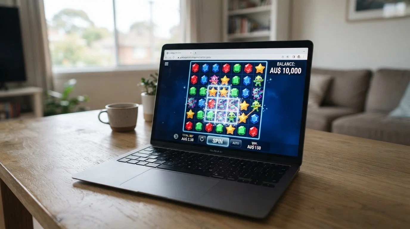 Browser window displaying a 7-reel slot in demo mode with a play-money balance of 10,000 credits visible and no login prompt