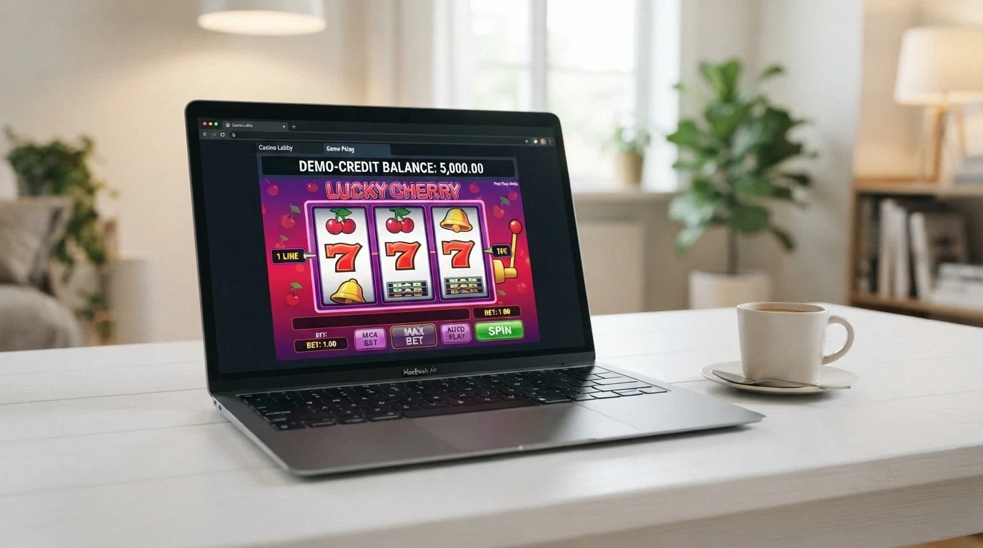 A laptop screen showing a free-play 3-reel pokie in a browser, with a demo-credit balance visible and no login prompt