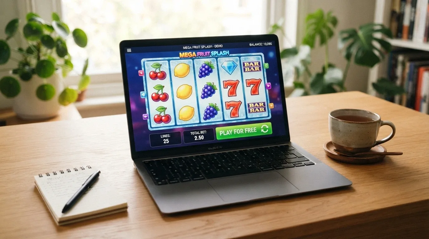 A laptop screen showing a pokie in demo mode, with the virtual balance visible and a “Play for Free” button prominent