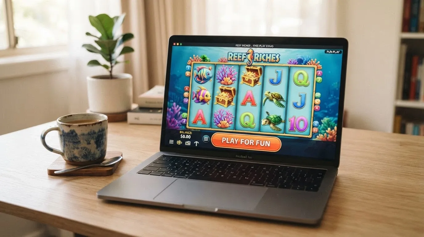 A laptop browser tab open to a pokie demo screen with a “Play for Fun” button highlighted and a zero balance display