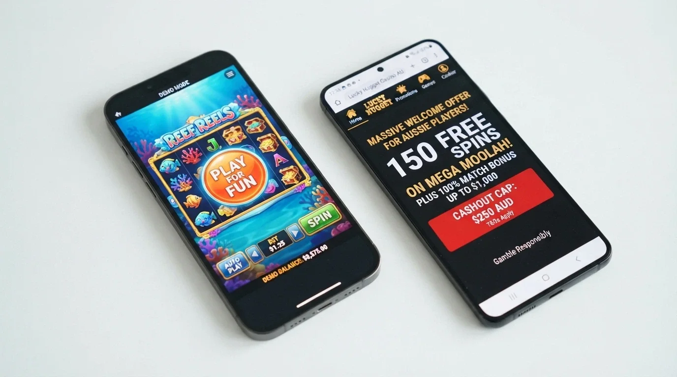 Two phone screens side by side: the left shows a demo-mode pokies game with a “Play for Fun” badge and a virtual-credit balance, the right shows a no-deposit free-spins offer with a real AUD cashout cap displayed