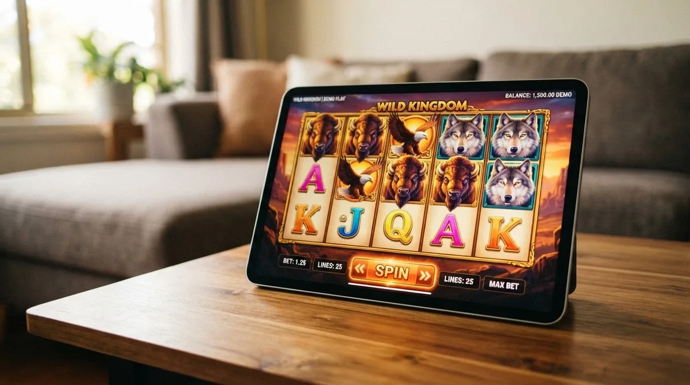 An iPad in landscape orientation showing Buffalo pokies in demo mode, with the play-money balance visible and the spin button highlighted