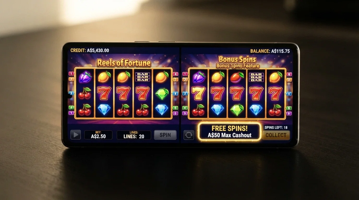 A split screen: one side shows a colourful pokies game in demo mode with a play-money balance, the other shows a real-money free-spins screen with a A$50 max cashout notice highlighted