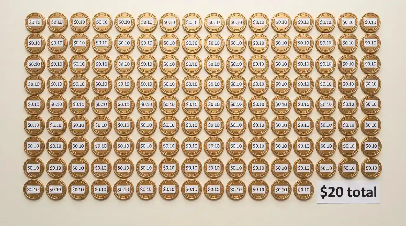 A row of 200 gold coin icons with a small price tag on each reading $0.10, totalling $20 in combined value