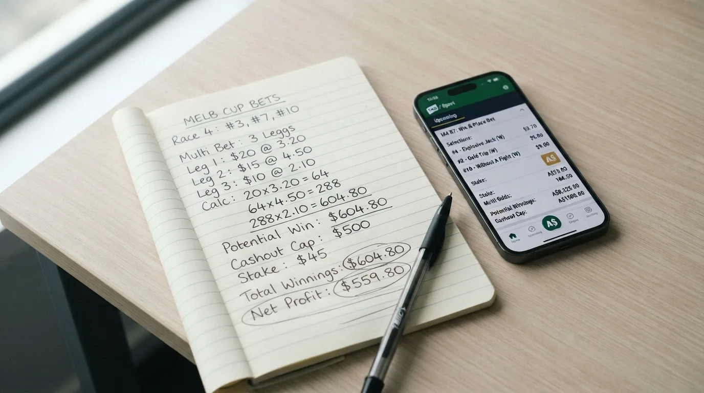 A notepad beside a smartphone calculator with figures scribbled — wagering multiples and cashout caps circled
