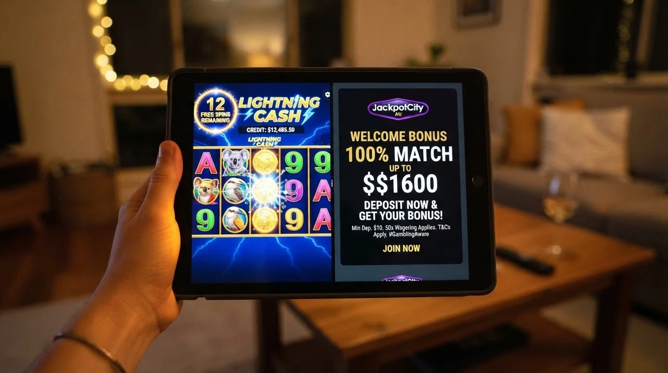 A split composition showing a pokies free-spins screen on one side and a deposit-match percentage badge on the other