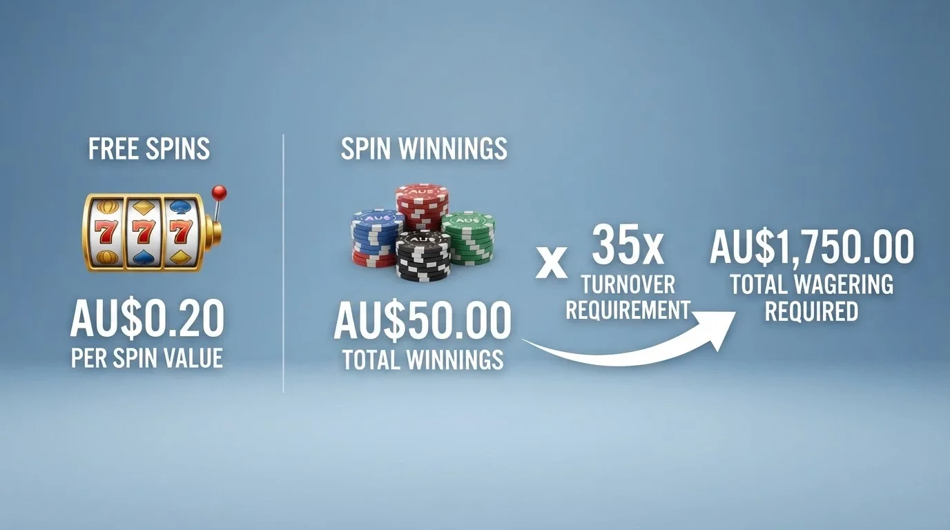 A simple visual breakdown of a free-spins bonus: spin value on one side, winnings on the other, with the wagering multiple applied to winnings only
