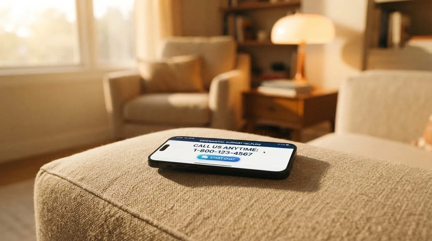 The Gambling Help Online homepage on an iPhone screen showing the 1800 858 858 helpline number and online chat button