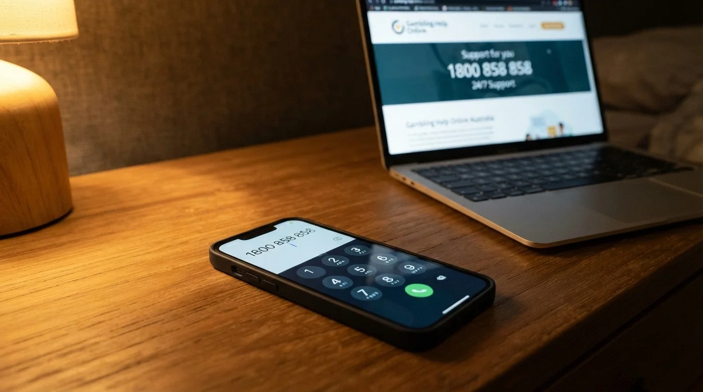 A close-up of a phone keypad with 1800 858 858 partially dialled, the Gambling Help Online website open on a laptop screen behind it, warm domestic lighting