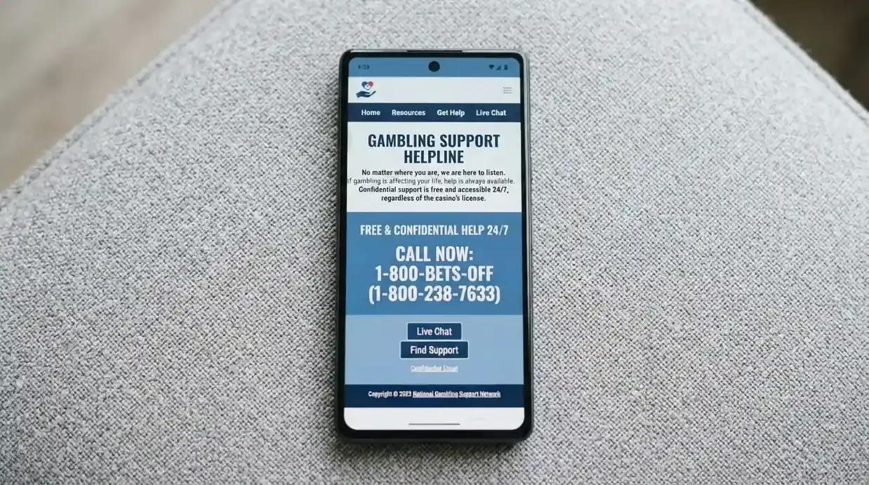 A close-up of a smartphone screen showing the Gambling Help Online homepage with the 1800 858 858 helpline number prominent