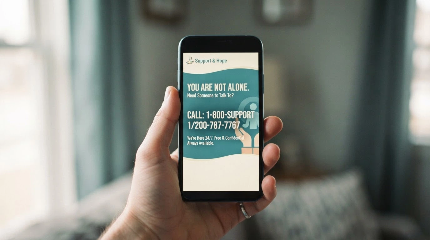 A close-up of a smartphone displaying the number 1800 858 858 alongside the Gambling Help Online logo, set against a calm, supportive-toned background