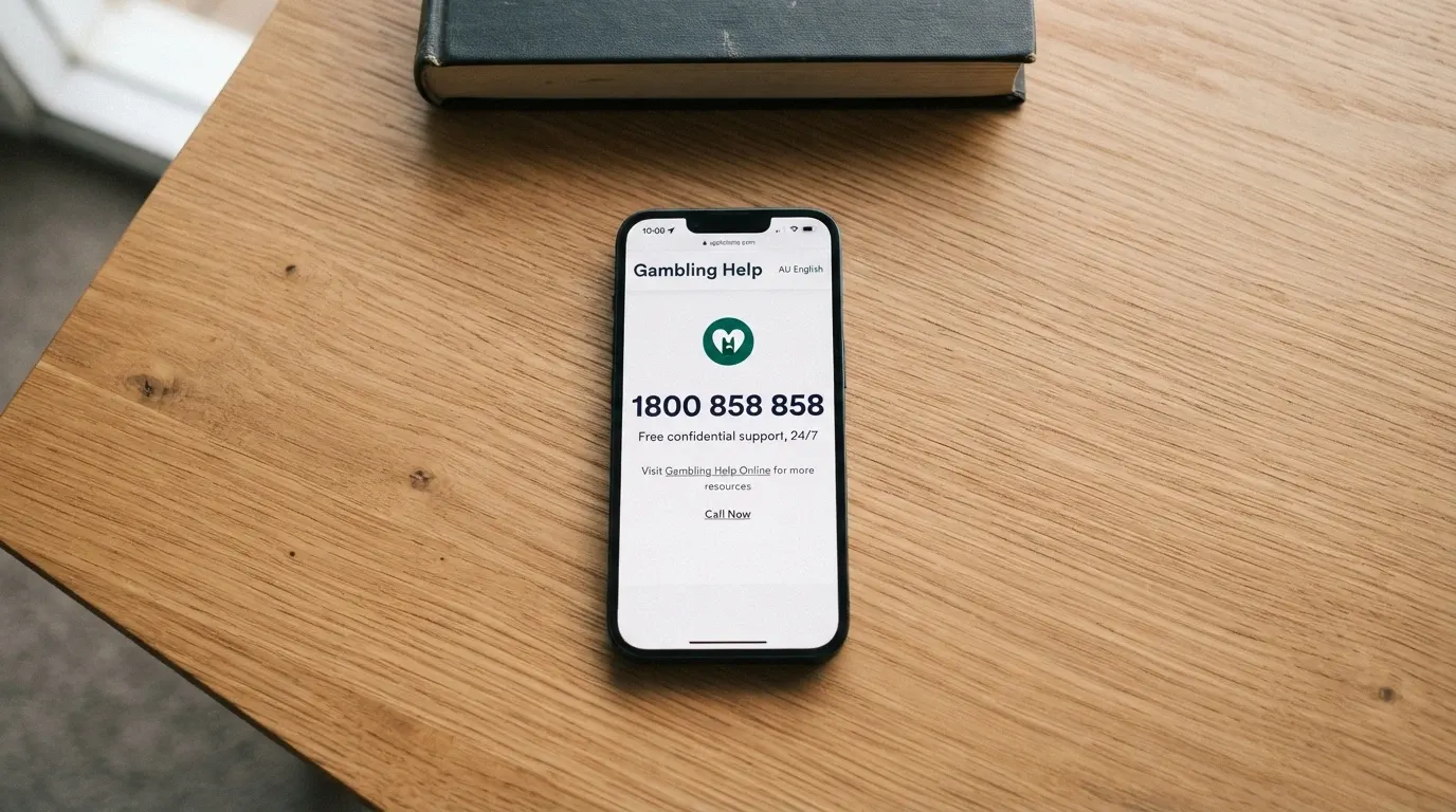 Smartphone displaying the Gambling Help Online website homepage and the number 1800 858 858 prominently on screen
